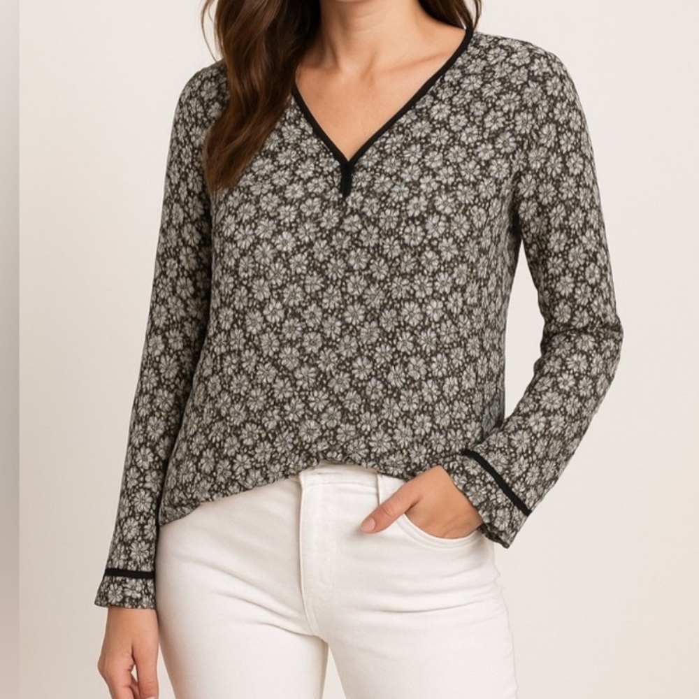 ZARA Basic‎ Black Floral Lace-Up Sheer Blouse Size M
